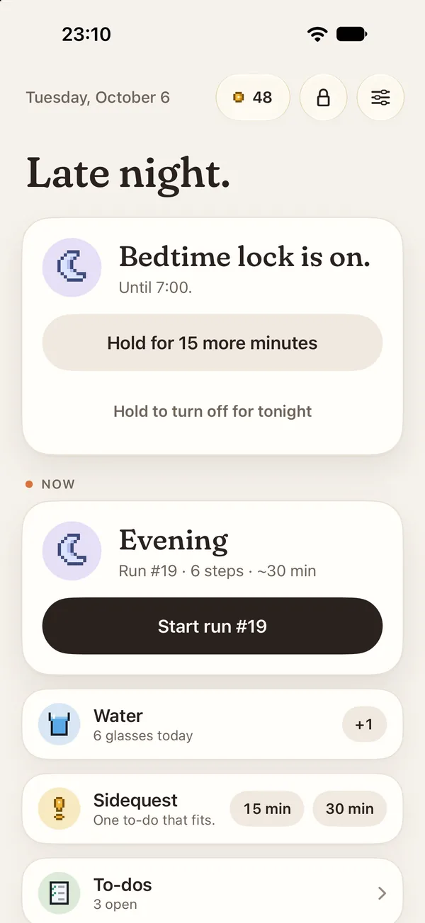 Late night at 23:10: Bedtime lock is on.