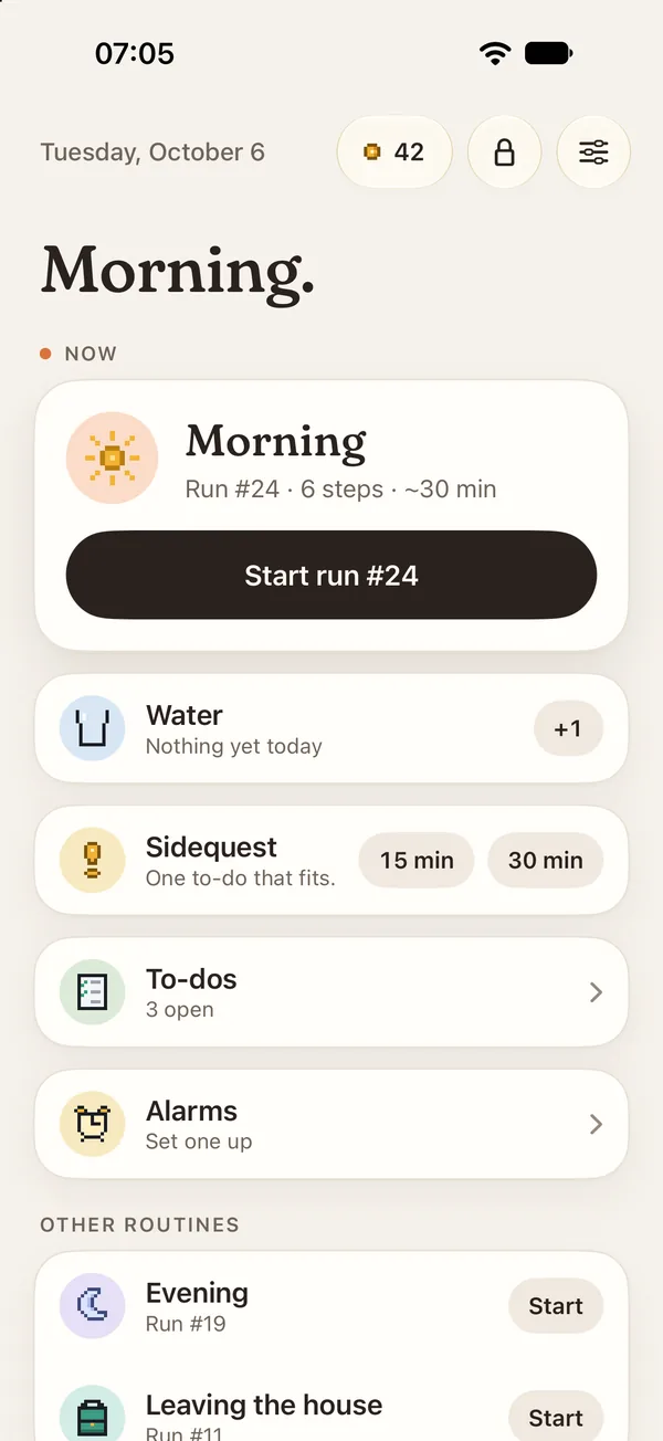 Not Yet, an ADHD-friendly routine app. Home at 7:05: the morning routine is ready, Run #24.