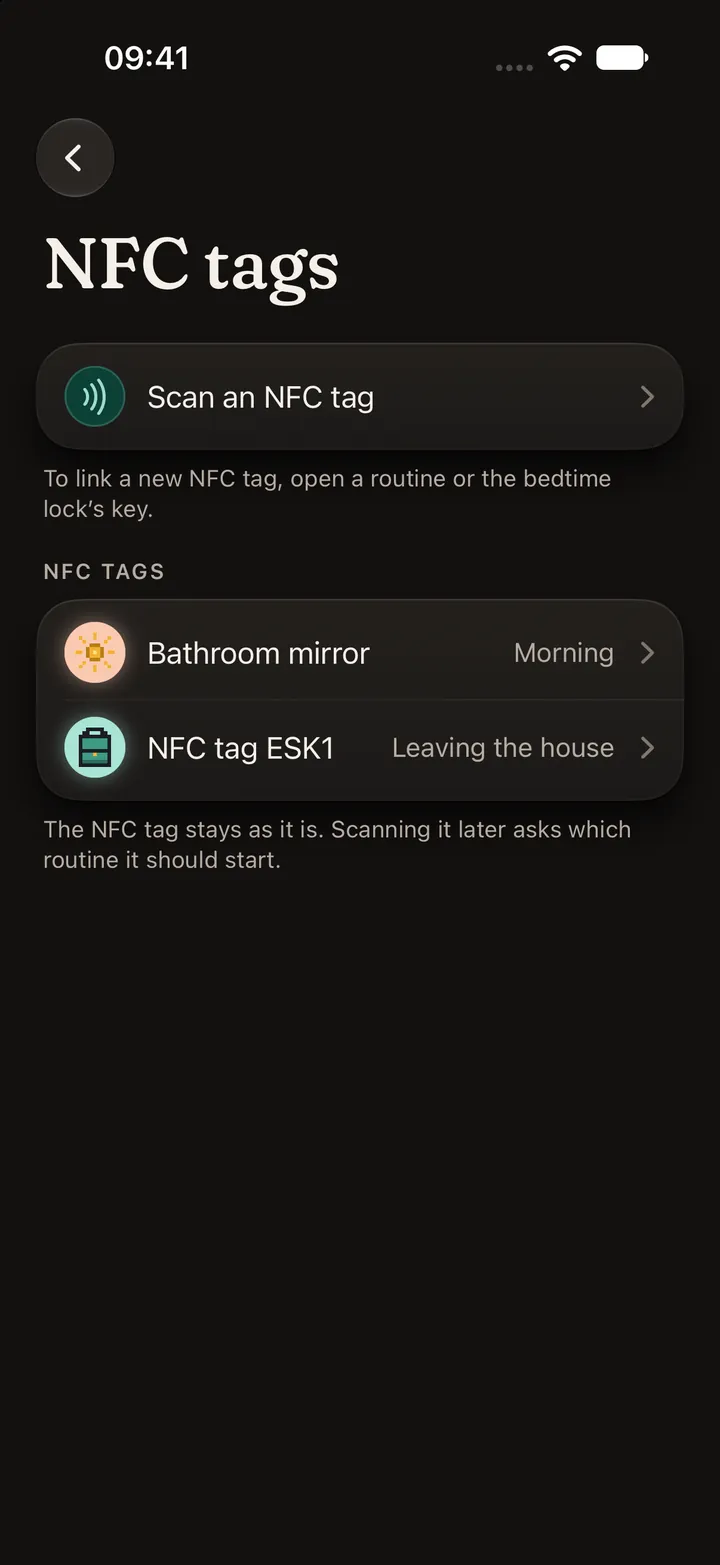 NFC tags linked to routines.