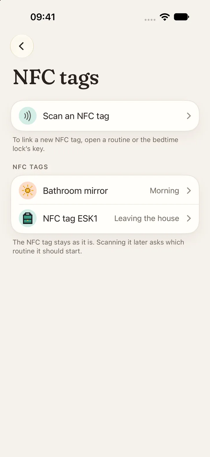NFC tags linked to routines.