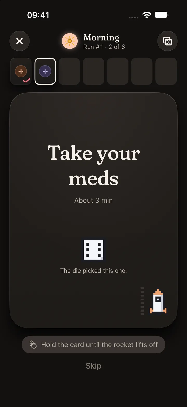 Rocket: hold the card until it lifts off.