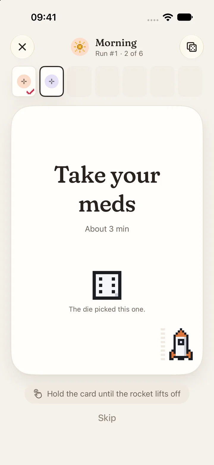 Rocket: hold the card until it lifts off.