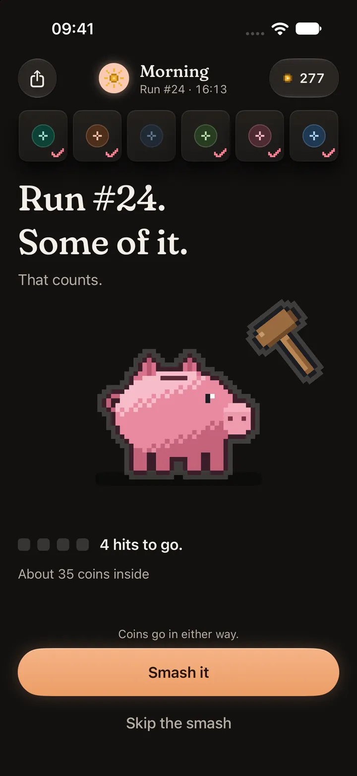 Run end: Run #24, some of it, a piggy bank to smash.