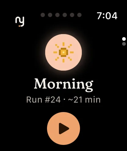 Apple Watch: Morning, Run #24, about 21 minutes. One tap starts it.