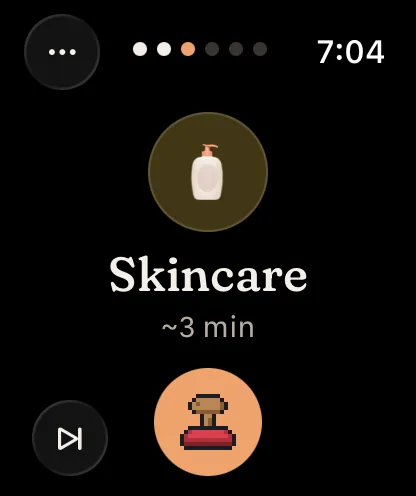 Apple Watch run: Skincare, step 3 of 6, checked off with a stamp.